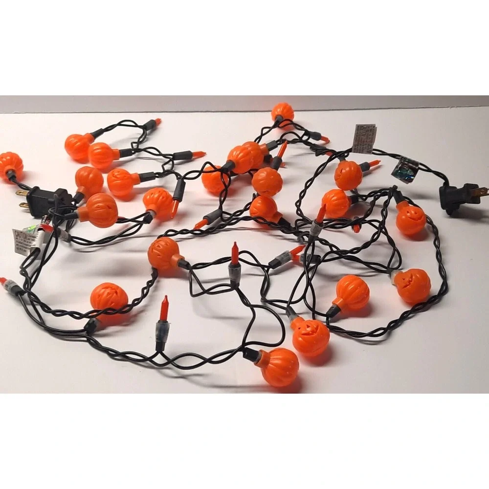 Vtg Halloween Pumpkin Jack O Lantern String Lights Orange Black Wire 20 Count